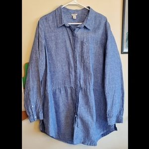 L.L. Bean Blue Linen Blouse Shirt Size XL